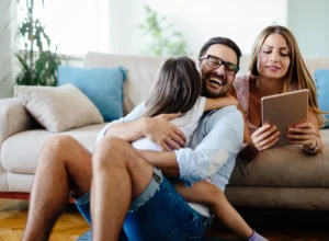 Happy family spending fun time together at home